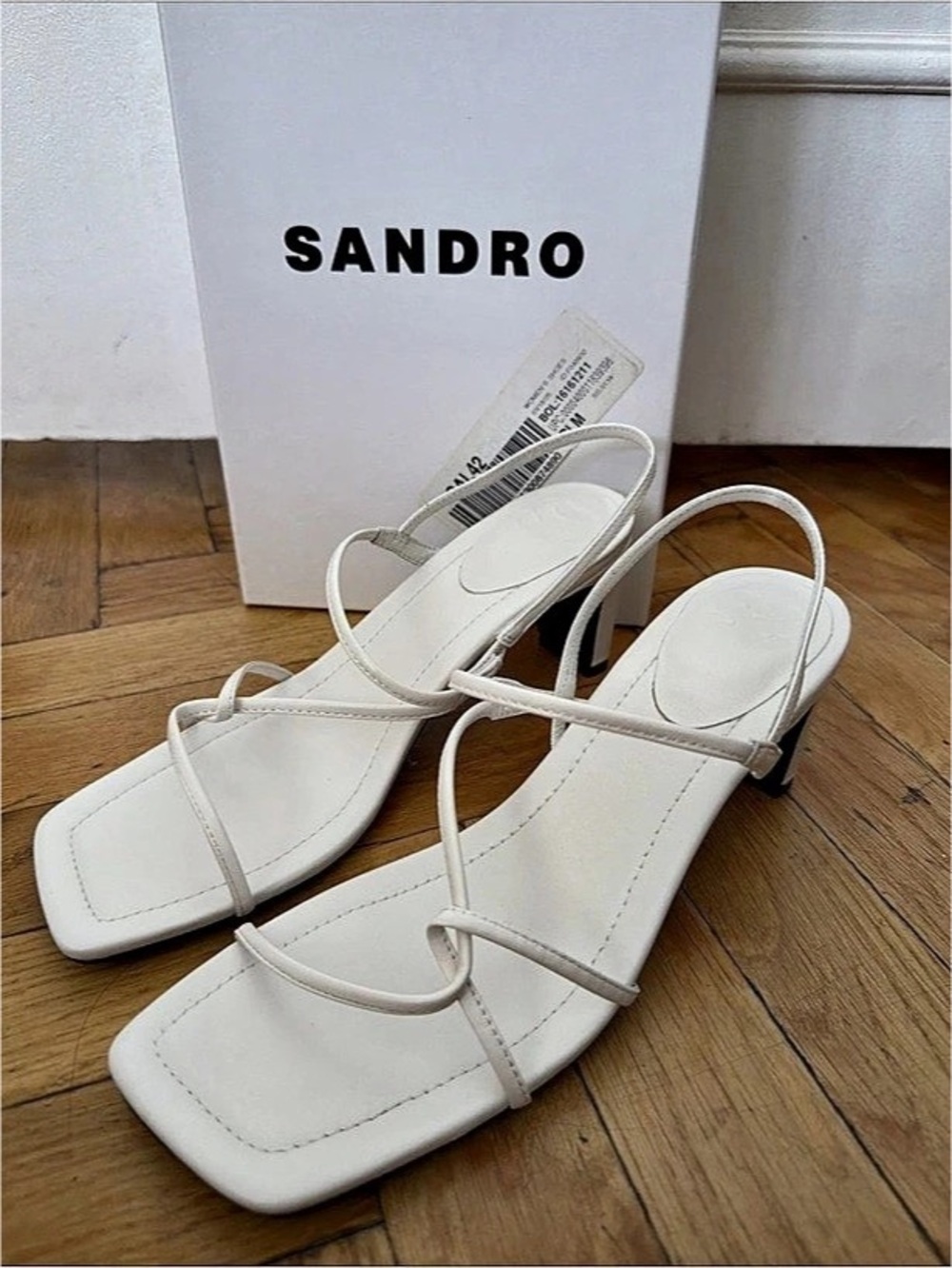 Sandro Strappy Square-Toe Leather Heeled Sandals White